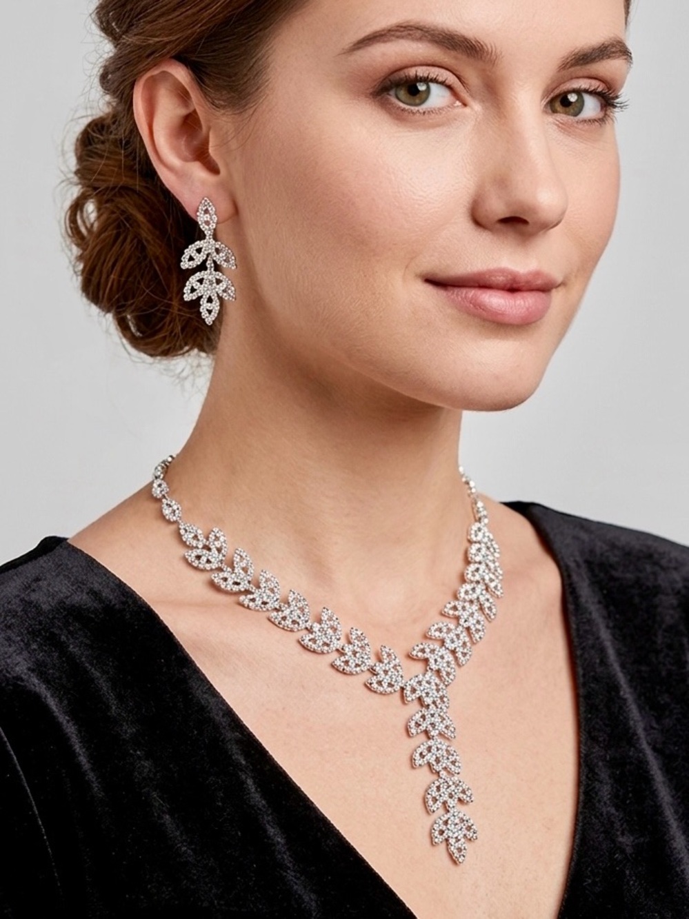 Crystal set necklace leaf vine earring wedding